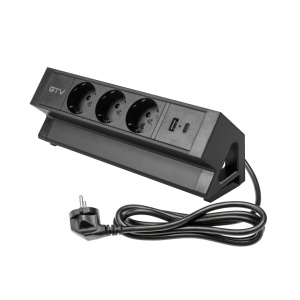 Priza GTV aplicata, BASCO, 3xSchuko + USB A+C, cablu 1,5ml - Neagra