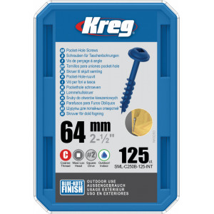 Holtsuruburi KREG® Pocket-Hole, Blue-Kote, 64mm, filet grosier, cap bombat, Maxi-Loc - 125 bucati
