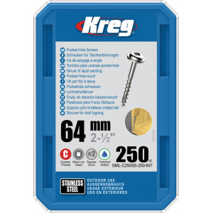 Holtsuruburi KREG® Pocket-Hole, Inox, 64mm, filet grosier, cap bombat, Maxi-Loc - 250 bucati