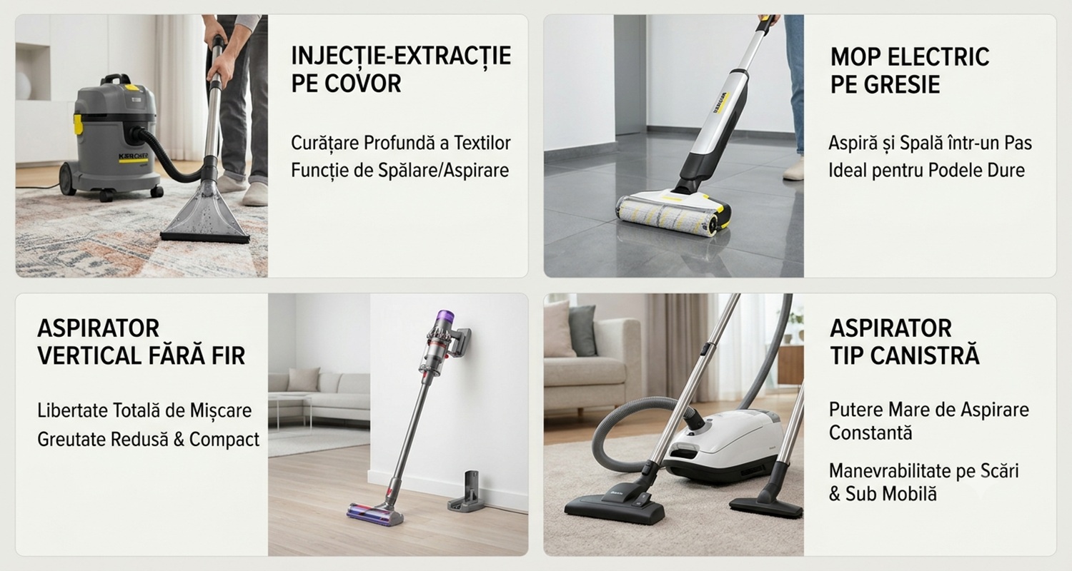Colaj cu tipurile de aspiratoare care spală: injecție-extracție, mop electric, vertical fără fir, canistră