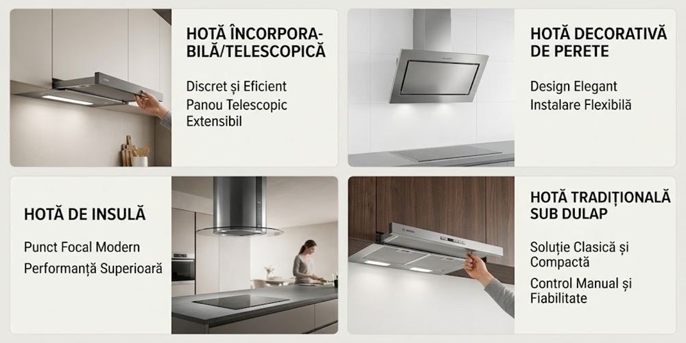 Colaj cu tipurile de hote de bucătărie: incorporabilă, decorativă, de insulă și tradițională