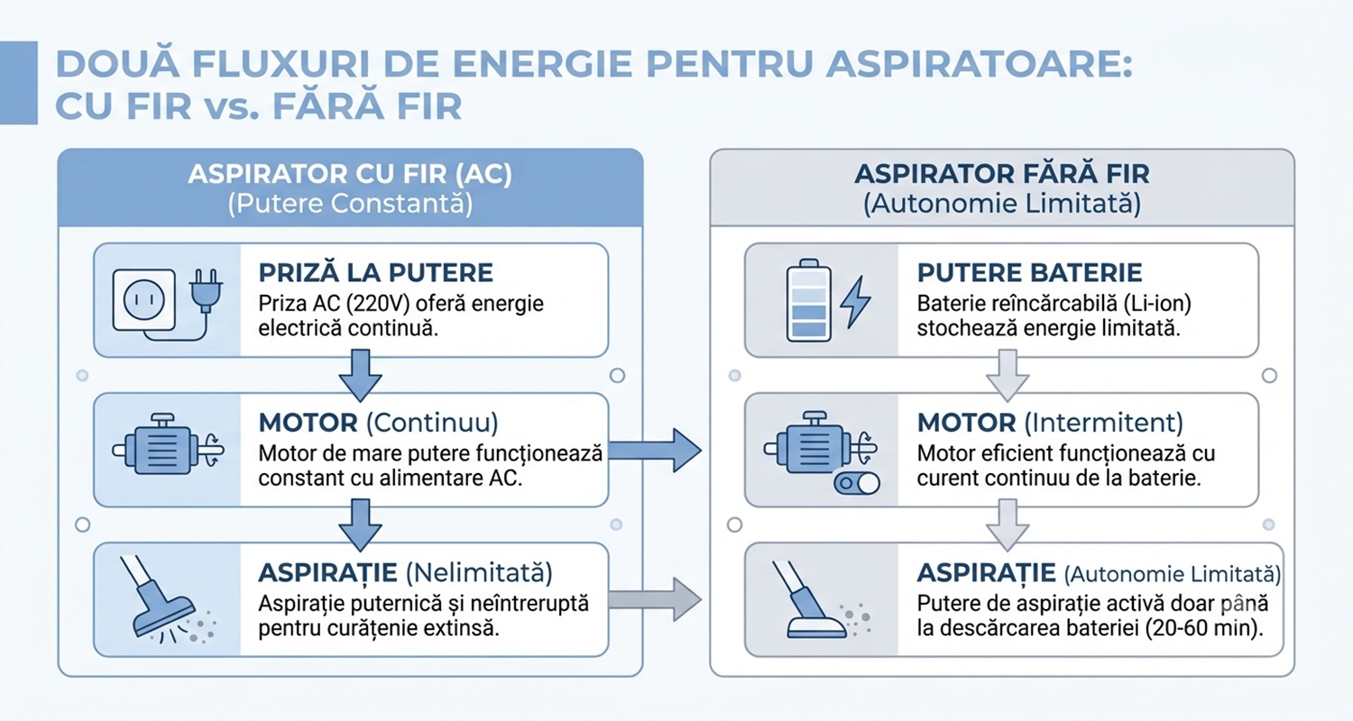 Diagramă cu modul de funcționare al unui aspirator cu fir față de unul fără fir