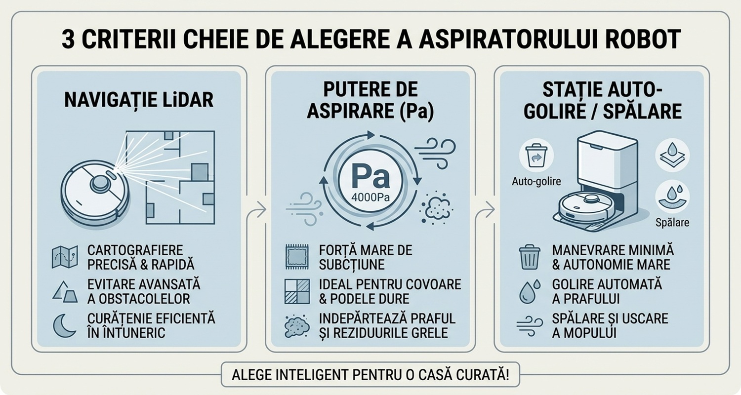 Infografic cu criteriile esențiale de alegere a unui aspirator robot: navigație, putere, stație automată