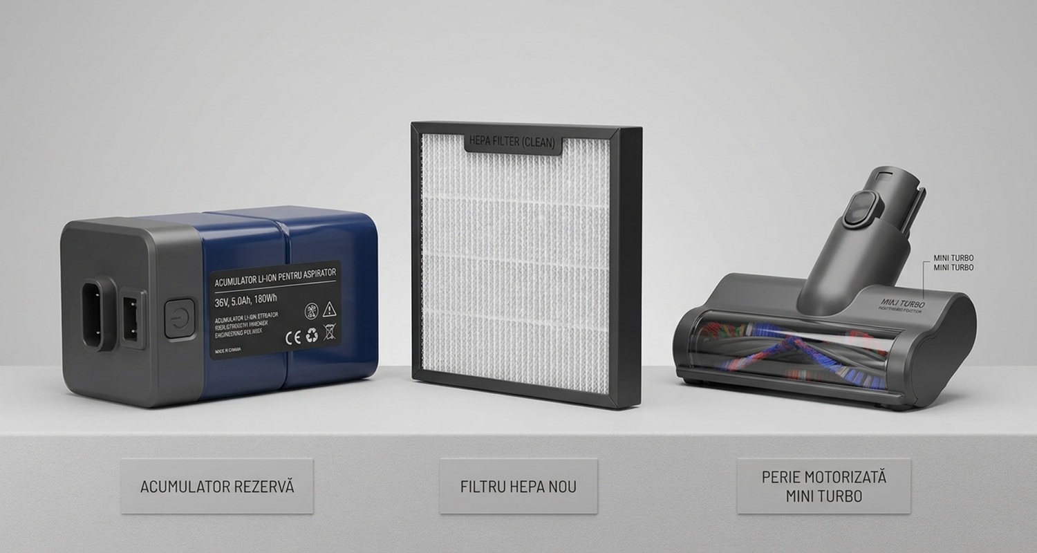 Piese de schimb pentru aspirator portabil cu acumulator: baterie, filtru HEPA și perie motorizată