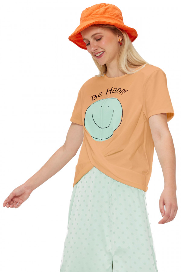 Tricou Mdm pentru Femei Knotted T-Shirt With Smile Print 64208304_153