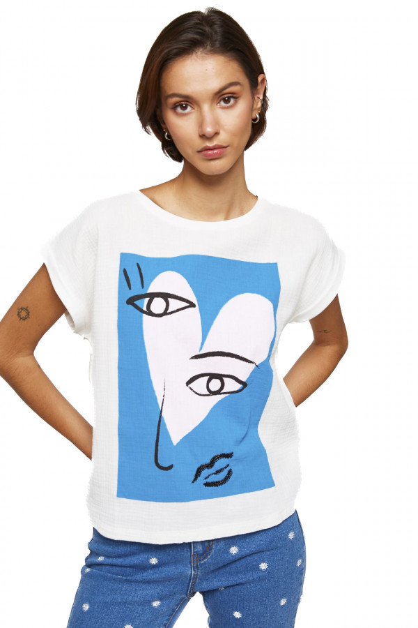 Tricou Mdm pentru Femei Heart Print Drop Sleeve T-Shirt 64208305_100
