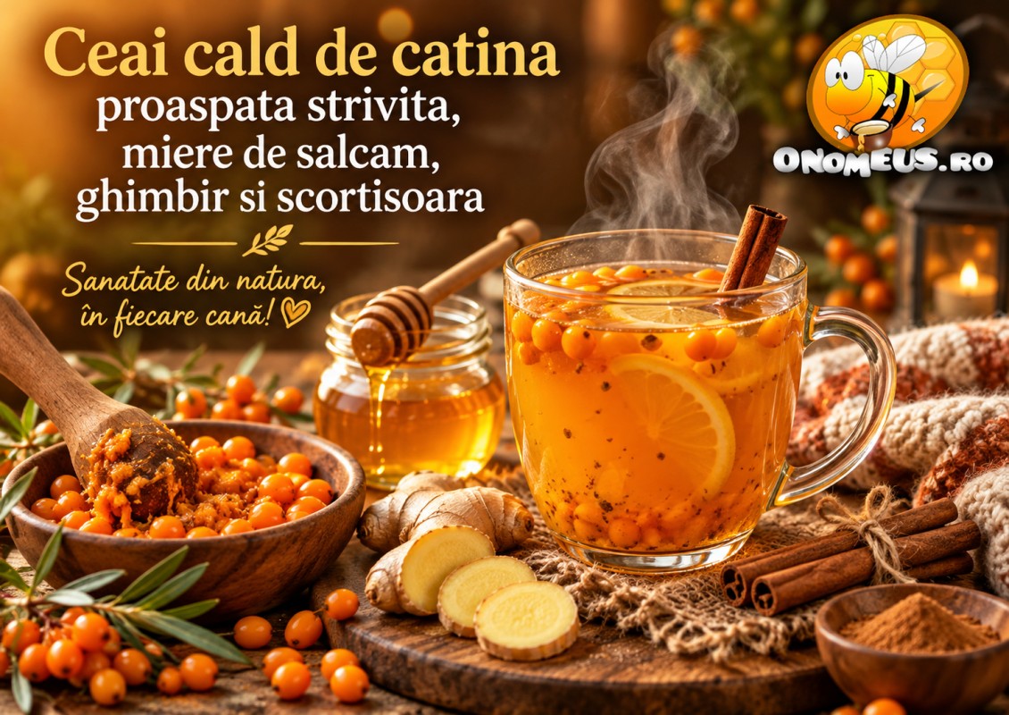 Ceai cald de cătină proaspătă strivită, miere de salcâm, ghimbir, si scorțișoară