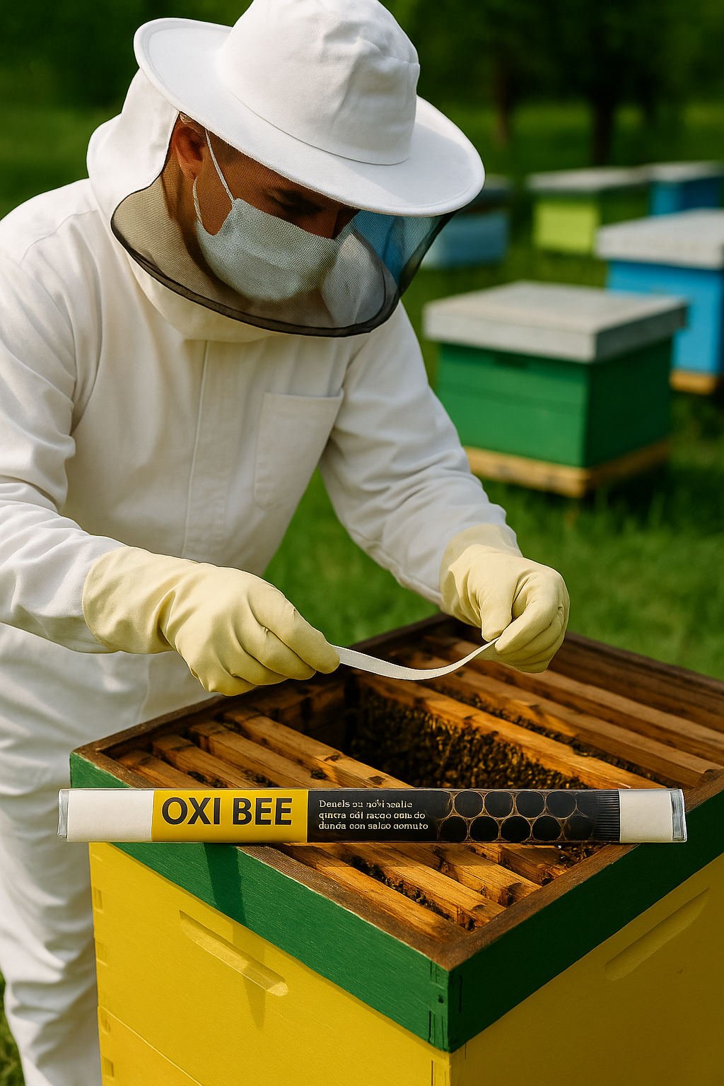 Apicultor care administreaza benzile cu acid oxalic si glicerina - OxiBee