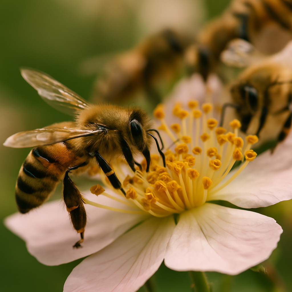 O albina lucratoare se hraneste activ cu nectar dintr-o floare deschisa, pregatind materia prima pentru miere. – onomeus.ro