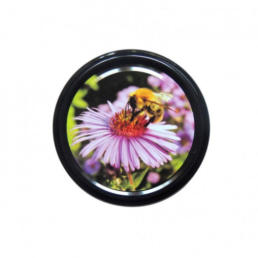 Capac pentru borcane diametru 66mm - Albina pe floare mov pe negru
