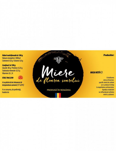 Eticheta borcan miere de Floarea Soarelui negru cu galben 120mm x 52mm