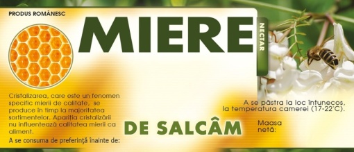 Eticheta borcan miere Salcam cu albina pe floare 115mm x 50mm