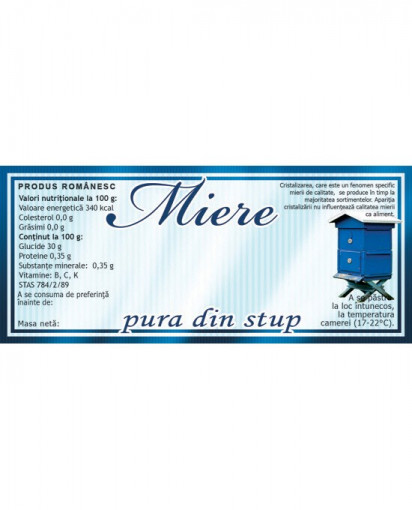 Eticheta miere Pura din Stup model stup albastru 115mm x 50 mm