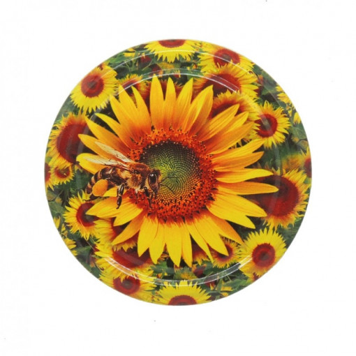 Capac pentru borcane diametru 82mm - Albina pe floarea soarelui si flori in jur