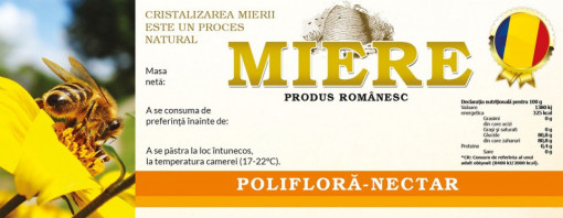 Eticheta borcan miere Poliflora Nectar cu albina pe floare 154mm x 60mm