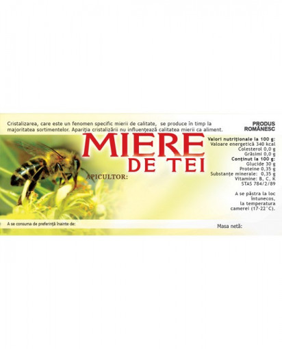Eticheta miere Tei verde cu albina 115mm x 50 mm