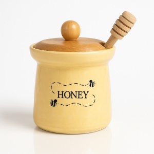 Borcan pentru miere din ceramica galbena cu capac din lemn si lingurita inclusa – 465 ml