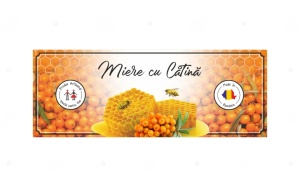 Etichetă autocolantă profesională pentru miere cu cătină – ideală pentru borcane standard, cu fixare sigură și aspect elegant.