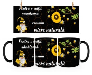 Cană cadou pentru apicultori culoare negru - Pentru o viata sanatoasa consum miere naturala