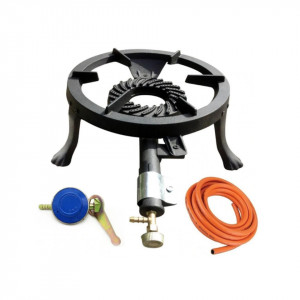 Pachet arzator de gaz din fonta rotund cu 3 picioare cu ceas de butelie si furtun - 33cm
