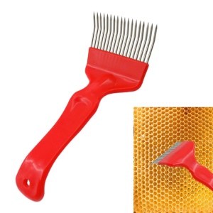Furculiță de descăpăcit cu mâner roșu din plastic, utilizată pentru îndepărtarea capacelelor de ceară de pe faguri.