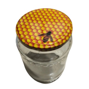 Capac borcan decorativ cu model fagure si albina, diametru 82 mm, compatibil cu borcane de 720 ml pentru miere.- onomeus.ro