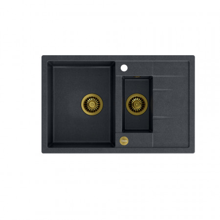 MORGAN 156 + chiuvetă încastră cu 1,5 vase nano PVD cu scurgere + sifon economisește spațiu culoare PVD / diamant negru / elemente aurii