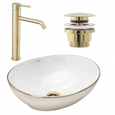 Set lavoar Sofia gold edge + baterie inalta Lungo gold + dop universal gold