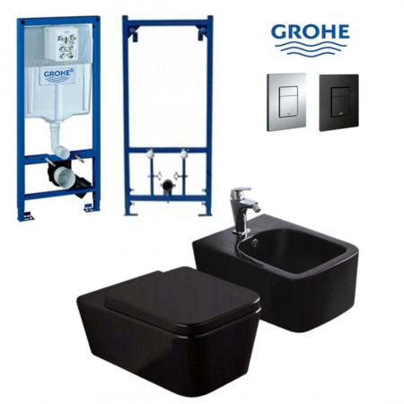 Set Bideu si Vas WC GROHE, ceramica sanitara, Vas WC CUBIC BLACK RIMLESS + Bideu + Capac Soft-Close + Cadru + Clapeta