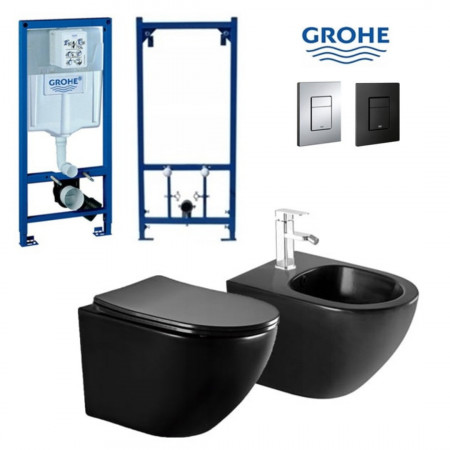 Set Bideu si Vas WC GROHE, ceramica sanitara, Vas WC VITO BLACK RIMLESS +Bideu +Capac Soft-Close SLIM PREMIUM +Cadru +Clapeta la alegere