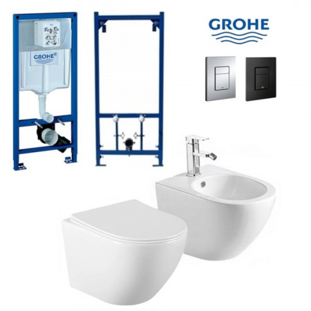 Set Bideu si Vas WC GROHE, ceramica sanitara, Vas WC VITO RIMLESS +Bideu +Capac Soft-Close SLIM PREMIUM +Cadru +Clapeta la alegere