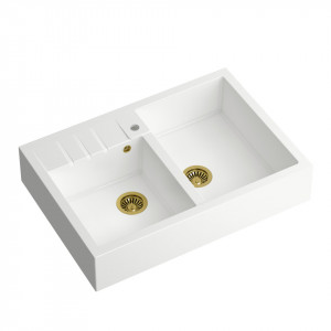 BILL 120 chiuvetă cu 2 vase din nano PVD + sifon / alb ca zăpadă / elemente aurii - Img 2