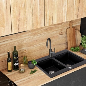 Chiuveta Bucatarie REA CADDY Black Dimensiuni 80 x 46.5 x 19.5 cm, 2 Cuve, Incastrabila, Forma Dreptunghiulara, Negru - Img 2