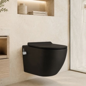 Vas wc cu functie bideu, Taharet, baterie apa calda/rece, Negru Mat, montaj suspendat, capac Soft-Close, 56 x 36 cm, Angi - Img 2