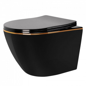 Vas WC suspendabil Rea CARLO Mini Rimless Duroplast Flat Black Gold Edge - Img 1