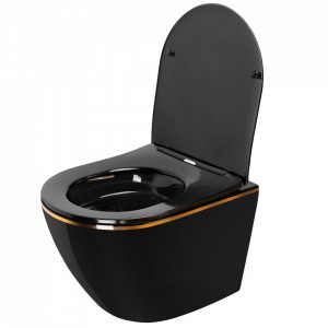 Vas WC suspendabil Rea CARLO Mini Rimless Duroplast Flat Black Gold Edge - Img 3