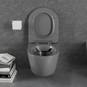 Vas WC suspendat rimless cu capac slim Gri închis mat - Img 3