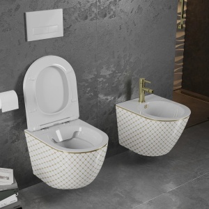 Vas WC suspendat rimless cu capac slim White/Gold classic - Img 5