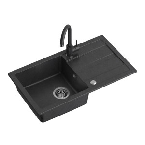 Chiuveta granit GO-MAX BLACK 1-kit (77x44x17,5) + mixer de culoare + sifon manual cu dop - Img 1
