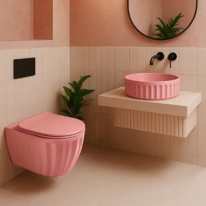 Set: Vas de toaletă suspendat + Lavoar pe blat Rea Light Pink Matt - Img 2