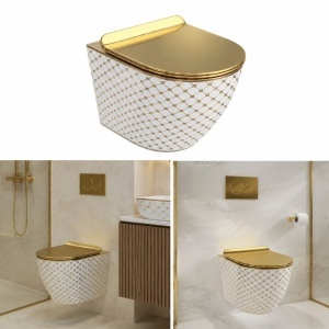 Vas WC suspendat Slim, Rimless, ceramică albă cu model auriu, capac Soft Close auriu, 36.5 x 49 cm - Img 8