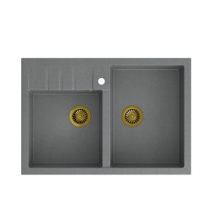 BILL 120 + chiuvetă cu 2 vase din nano PVD + sifon / piatră argintie / elemente aurii