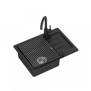 nu e JOHNNY 116 Steingran zlewozmywak granitowy VERY BLACK czarny mat 1-komorowy z/o (60x44x18,5) z syfonem stal szlachetna + bateria very black mat + dozownik + rollmata
