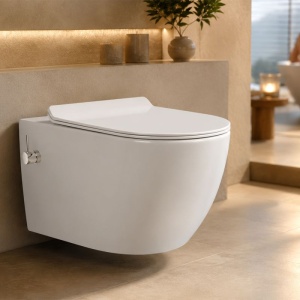 Vas wc cu functie de bideu, Rimless, Taharet, baterie apa calda/rece, Alb, montaj suspendat, capac Soft-Close, 55x36 cm, Angi - Img 3