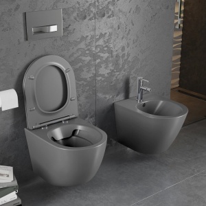 Vas WC suspendat rimless cu capac slim Gri închis mat - Img 5