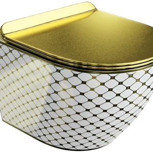 Vas WC suspendat Slim, Rimless, ceramică albă cu model auriu, capac Soft Close auriu, 36.5 x 49 cm - Img 5