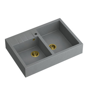 BILL 120 + chiuvetă cu 2 vase din nano PVD + sifon / piatră argintie / elemente aurii - Img 2