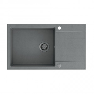 EVAN 136 XL Chiuvetă încastrată cu 1 vas cu scurgere + sifon economisește spațiu / piatră argintie / elemente din oțel