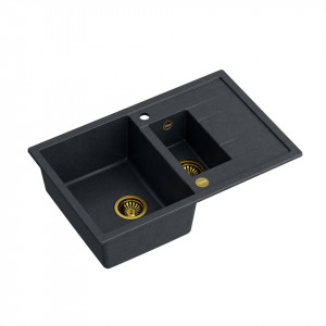 MORGAN 156 + chiuvetă încastră cu 1,5 vase nano PVD cu scurgere + sifon economisește spațiu culoare PVD / diamant negru / elemente aurii - Img 2