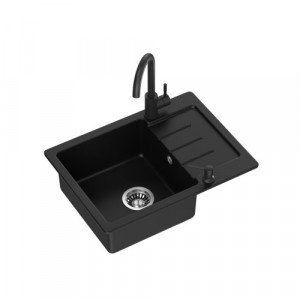 nu e JOHNNY 116 Steingran zlewozmywak granitowy VERY BLACK czarny mat 1-komorowy z/o (60x44x18,5) z syfonem stal szlachetna + bateria very black mat + dozownik + rollmata - Img 2